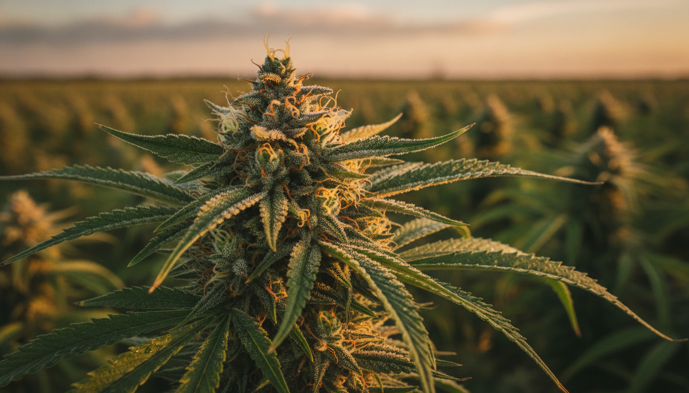 Close-up of a resinous hemp plant in full bloom at golden hour with sunlight highlighting trichomes and pistils, shallow depth of field and warm natural tones.