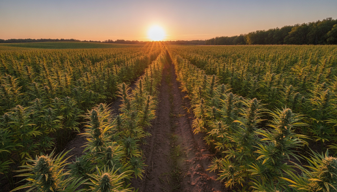 A Minnesota hemp field at sunset with rows of hemp plants bathed in warm golden light, a soft orange pink sky, and a distant tree line; gentle breeze motion shows among the plants.