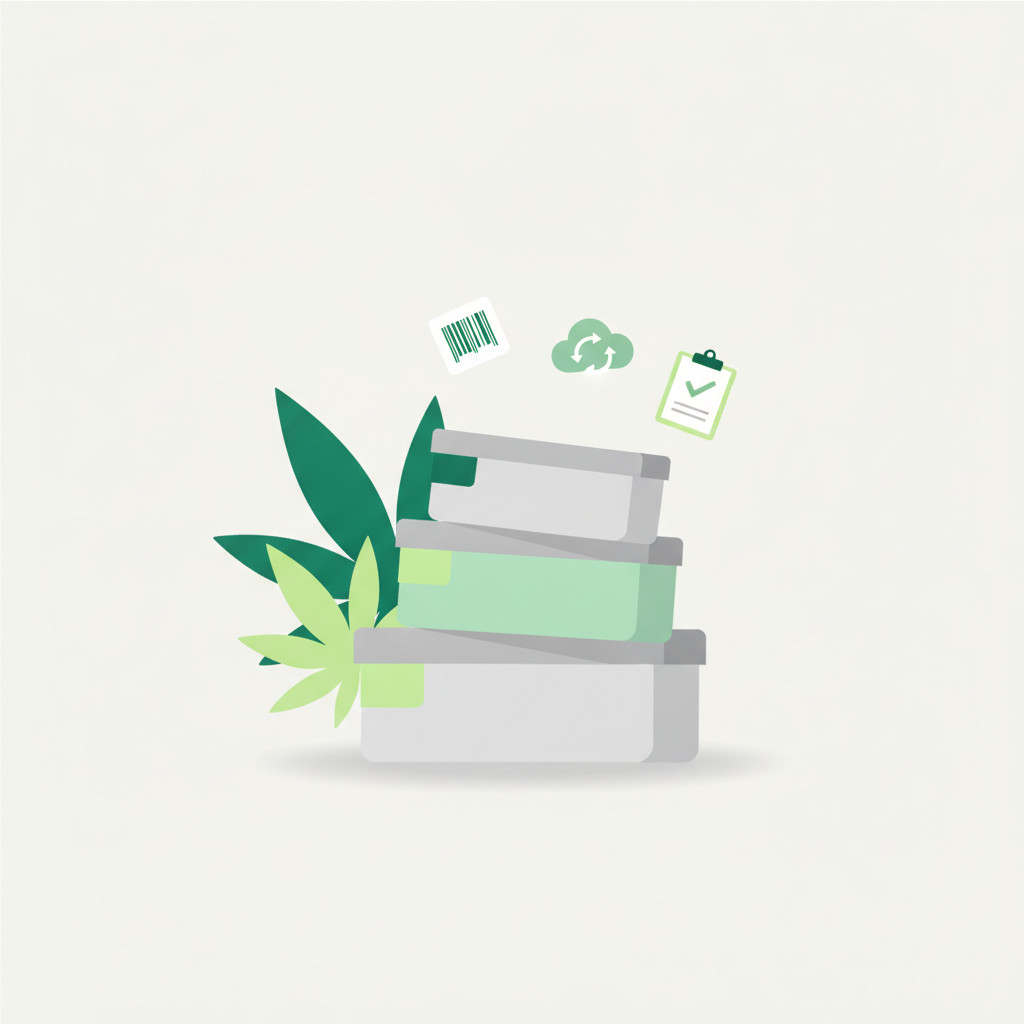 Simple vector illustration showing stacked storage boxes, stylized cannabis leaves, and floating digital inventory icons such as a barcode, checklist, and cloud sync symbol. Designed with a green and gray palette and a clean, modern flat style.