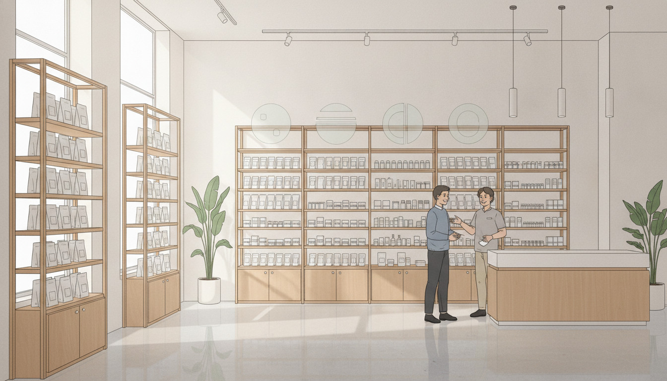 A modern light cannabis retail store interior with clean wooden shelving, organized product displays in neutral packaging, soft natural light, potted plants, and a consultation counter conveying transparency and quality.