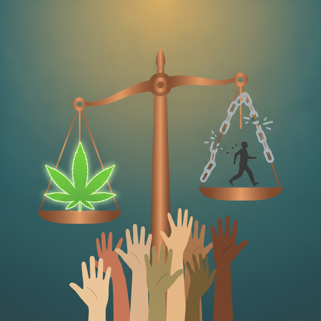 A flat modern illustration showing a bronze scales of justice. On the left pan a green cannabis leaf rests. On the right pan broken chains and a small silhouette step forward. Diverse hands reach up from the bottom toward the scales against a teal to warm gold gradient background, symbolizing community support and hope.