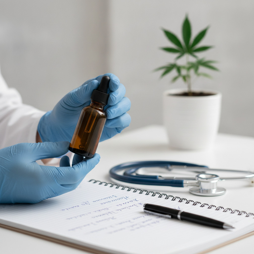 Medical clinician holding a small amber dropper bottle on a white clinical desk