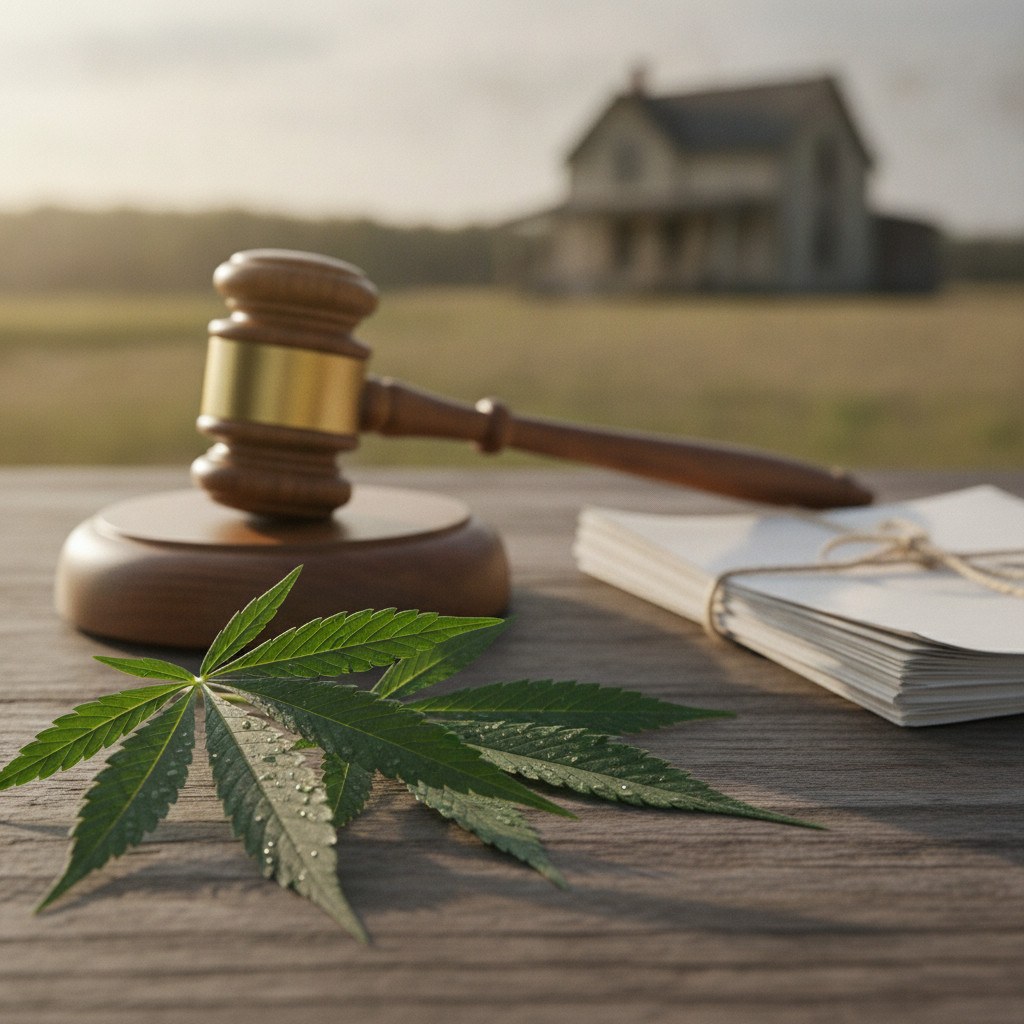 Hemp leaves and gavel