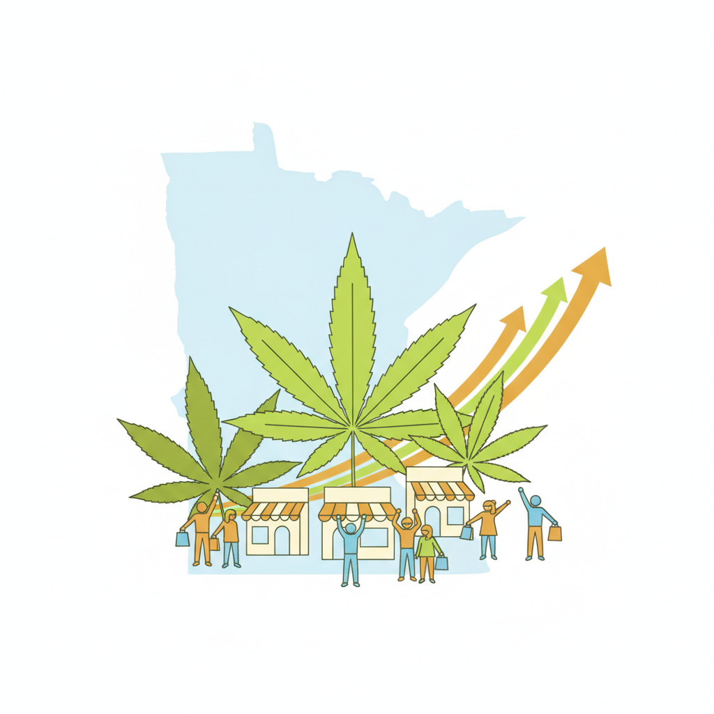Illustration showing a flat vector-style Minnesota state outline in the background, stylized cannabis leaves in the foreground, diverse consumer silhouettes celebrating near small retail storefront icons, and subtle upward growth shapes suggesting economic momentum. Bright greens, sky blue, and warm gold accents convey optimism and craft-scale commerce.