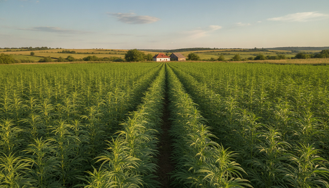 A flourishing hemp field in a Moldovan rural landscape during growing season, showing neat rows of green hemp plants, rolling hills and a distant farmhouse under a clear blue sky.