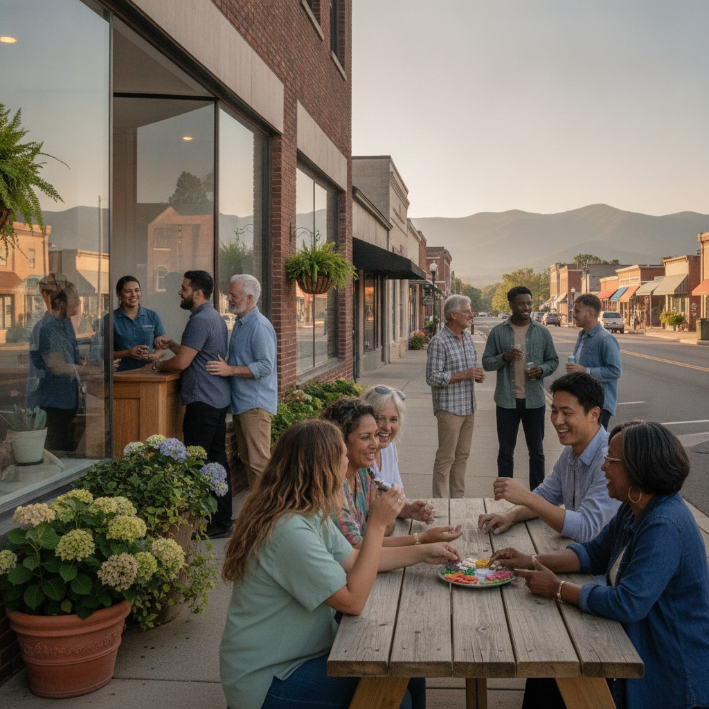 Diverse North Carolina adults socializing and responsibly consuming cannabis near a retail storefront
