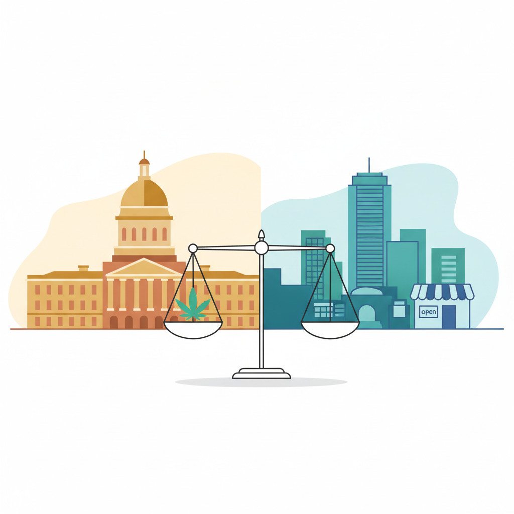 Split-scene illustration showing a NC capitol on the left and a Boston skyline with a cannabis storefront on the right