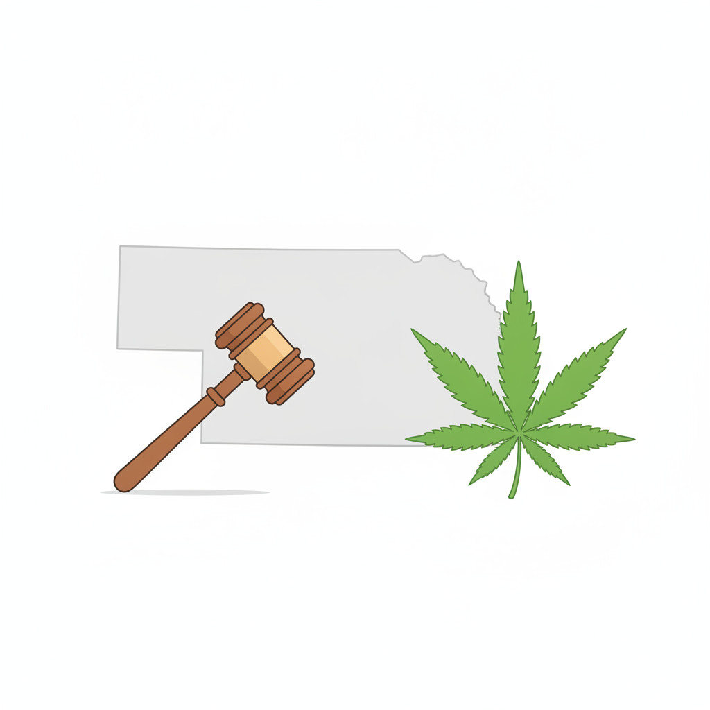 Stylized outline of Nebraska with a green cannabis leaf overlapping the right side and a wooden gavel leaning on the left edge symbolizing regulation and fees