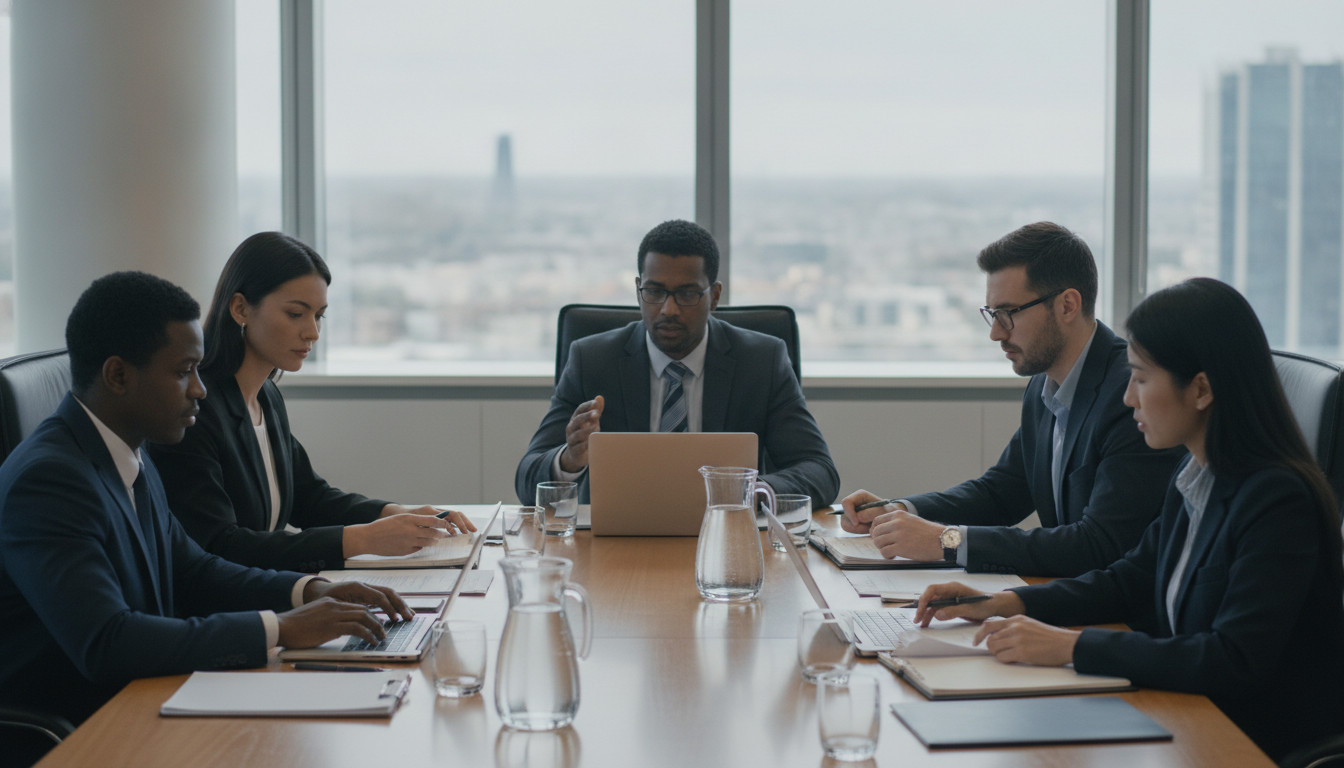 Pennsylvania Cannabis Control Board meeting in a bright conference room with six diverse professionals discussing documents around a table