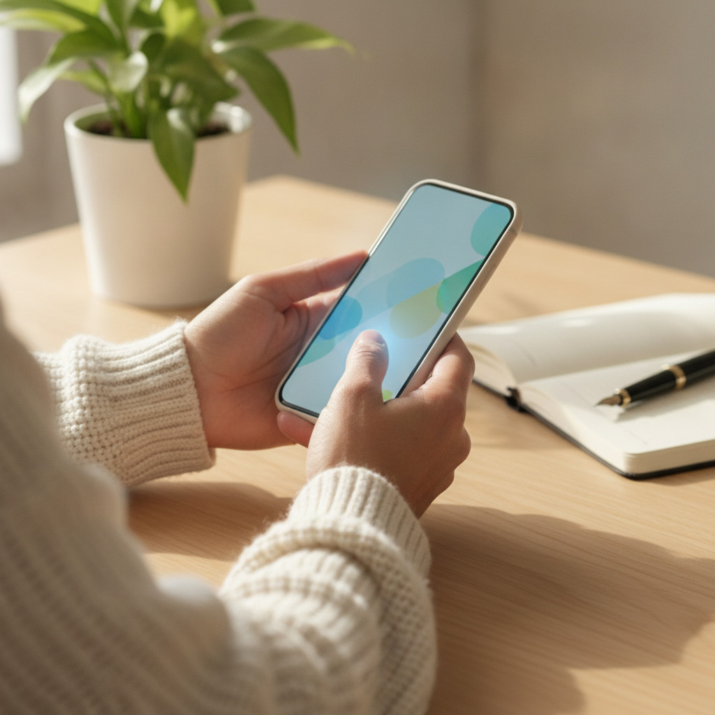 Person holding a smartphone over a wooden table, finger tapping a generic app interface with a blurred plant and notebook in the background