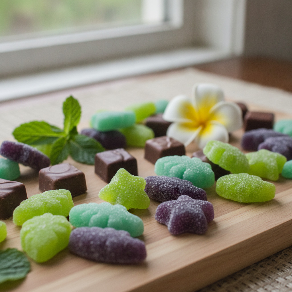 Assortment of colorful rare cannabinoid edibles arranged on a light wooden surface