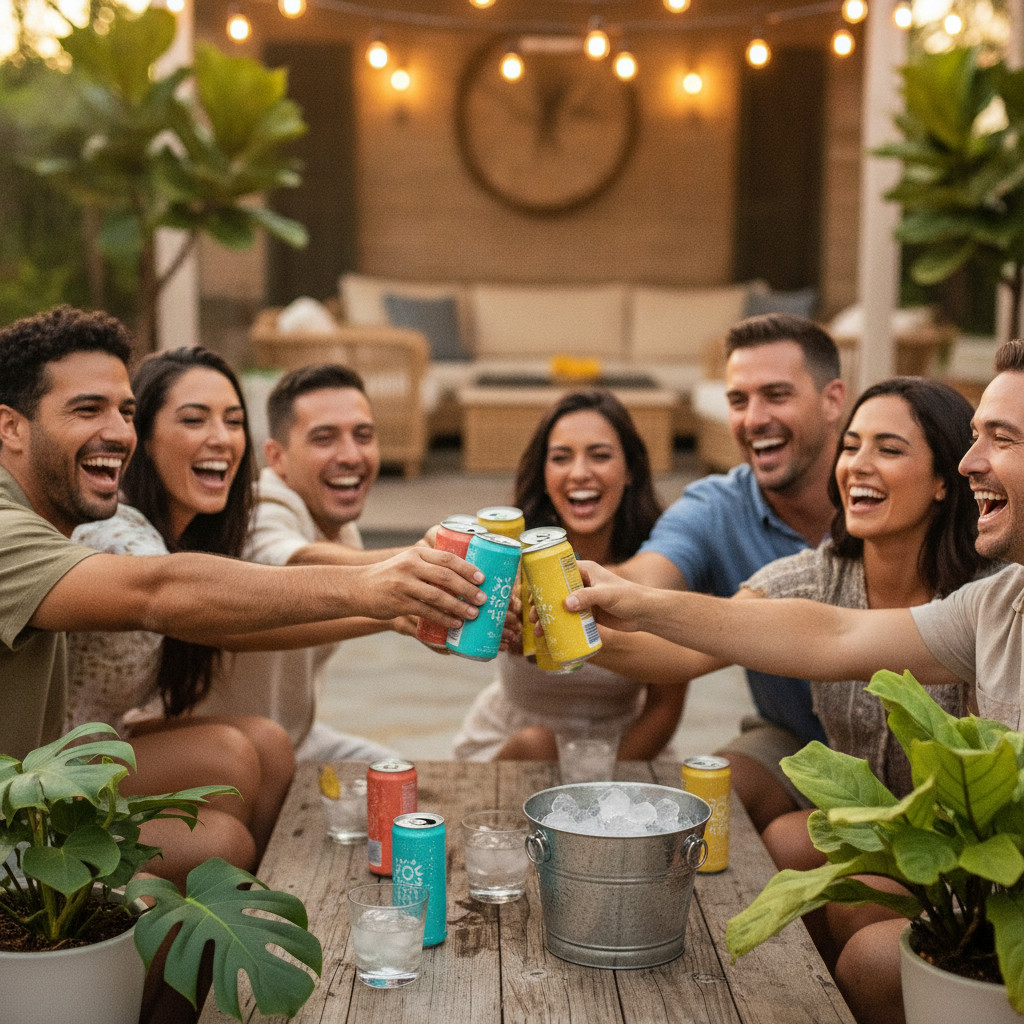 A sunlit outdoor patio at dusk with a diverse group of adults laughing and clinking colorful, slim cans of sparkling seltzers under warm string lights. Potted plants and a wooden table with ice filled glasses are visible, and the shallow depth of field highlights the cans and hands while keeping faces softly out of focus.
