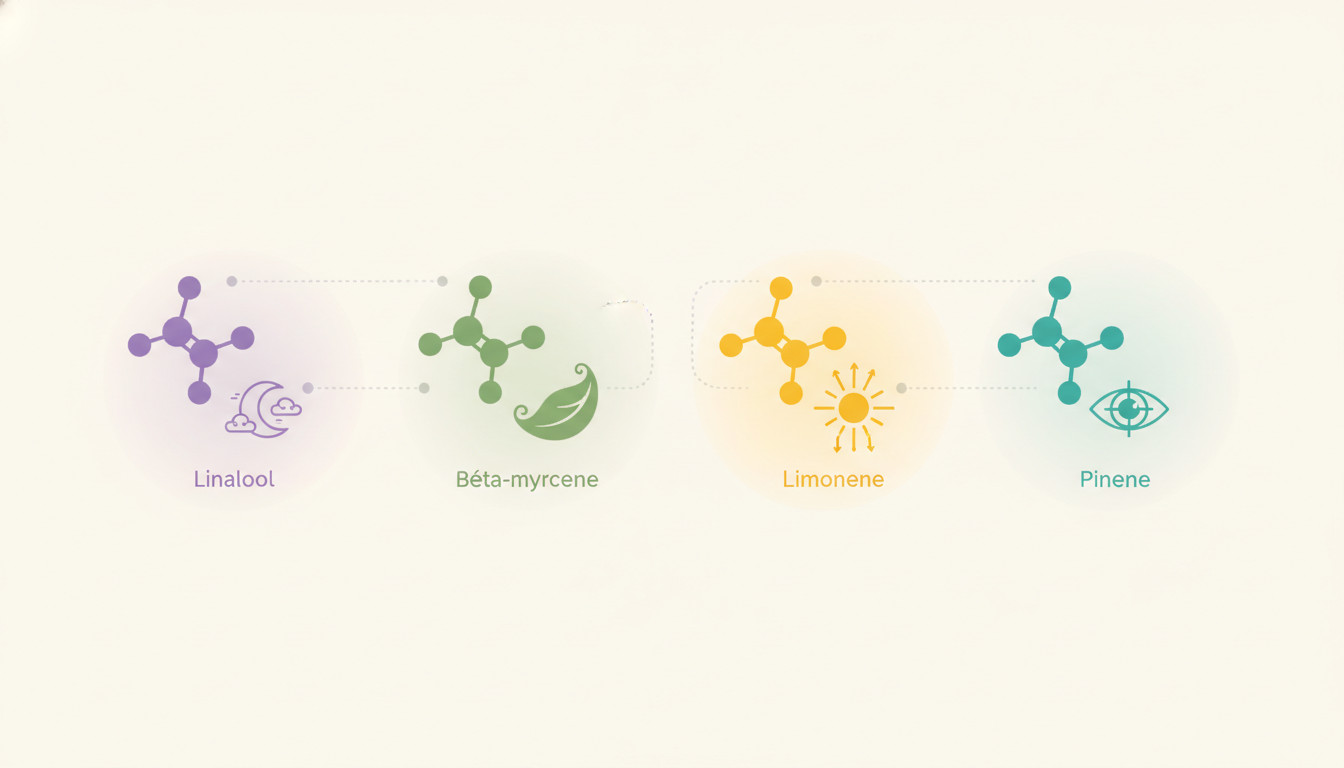 Stylized molecules of linalool, beta-myrcene, limonene, and pinene with icons indicating calmness, relaxation, energy, and focus