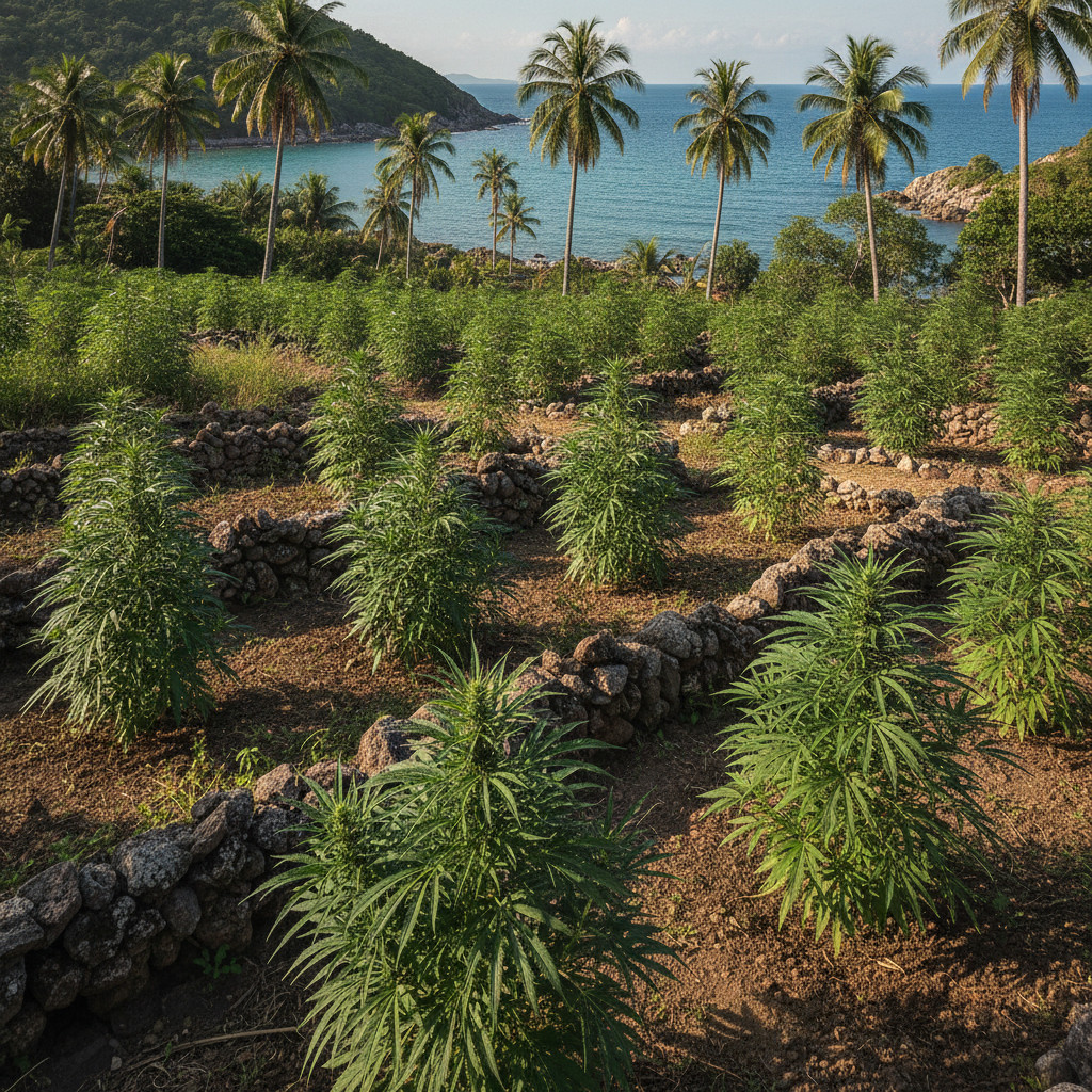Thai cannabis landrace plants growing on a traditional Koh Tao farm