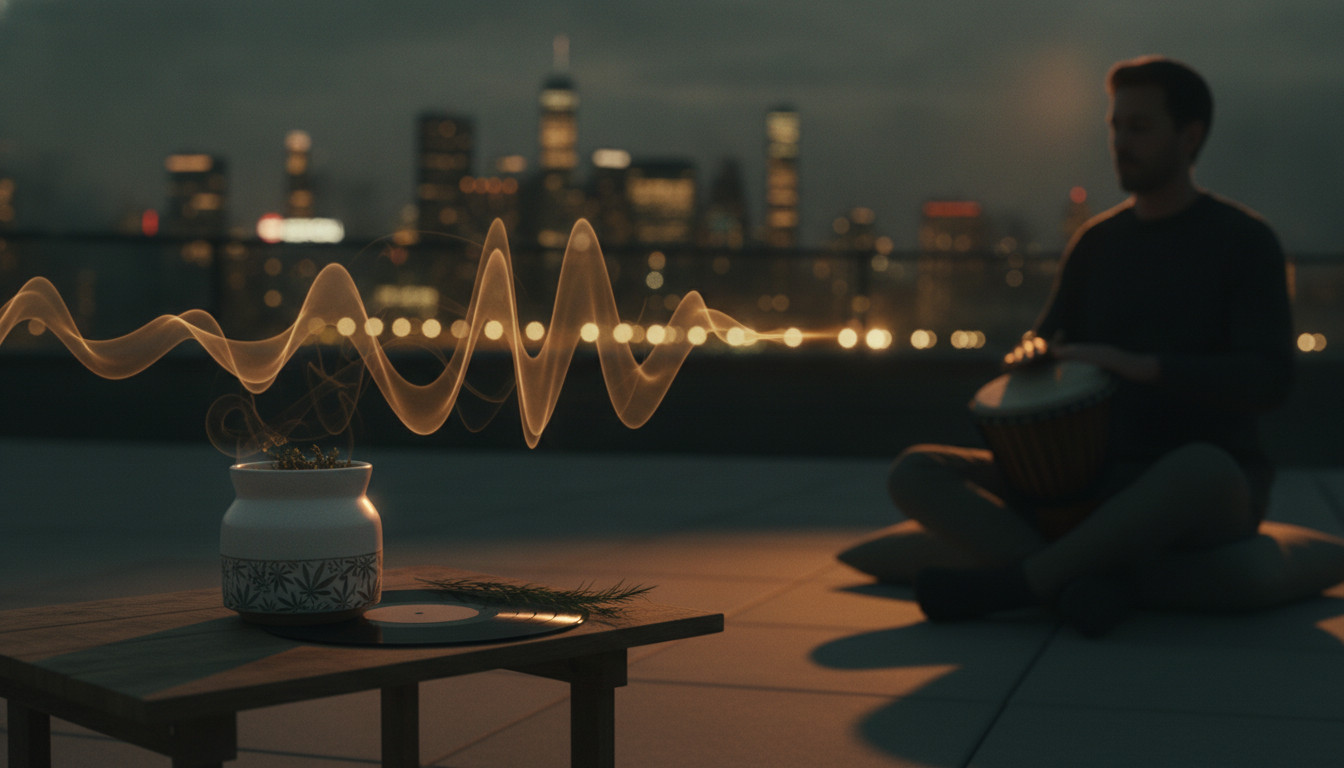 Urban rooftop at dusk with warm amber lighting, a ceramic jar, a vinyl record, musical smoke waves and a silhouetted percussionist evokes Young Gong’s rhythm-forward cannabis lifestyle.