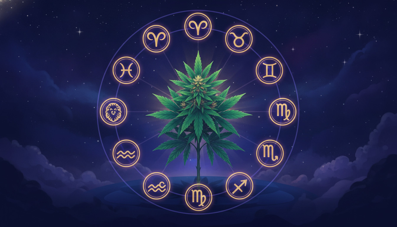 Zodiac symbols circling a vibrant cannabis plant under a starry mystical background