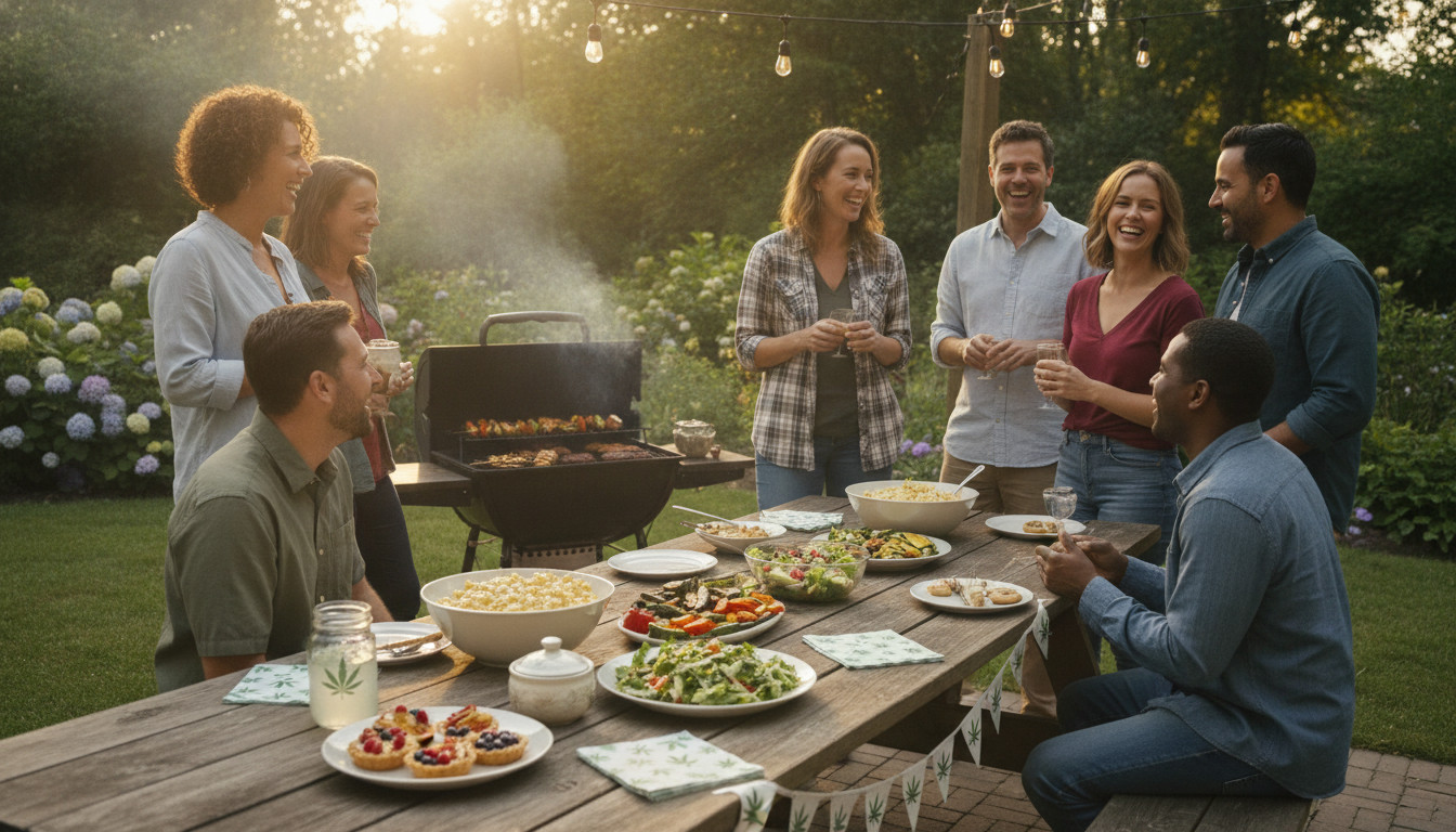 A joyful backyard Memorial Day BBQ with subtle cannabis-friendly decorations