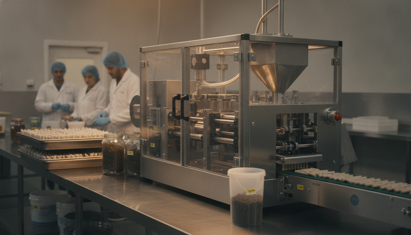 Blackbird XXL machine on a stainless steel production bench with trays of pre roll cones and small containers holding hash centers; workers in clean lab attire monitor the device in the slightly blurred background.