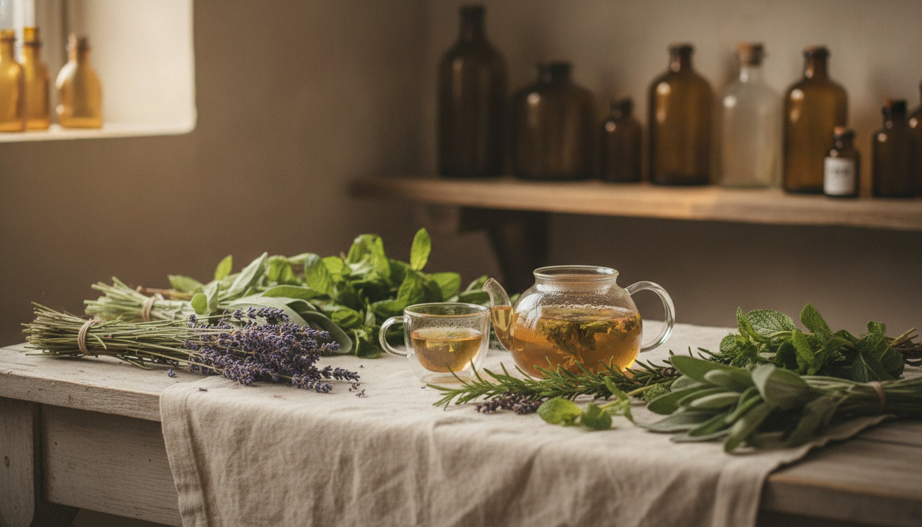 Botanical wellness scene with green herbs, glass teapot, and recycled bottles