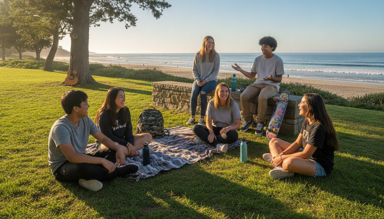 A diverse group of six California teenagers laughing and talking outdoors near a coastal park at golden hour; they sit on a blanket and low wall with casual items like a skateboard, backpack, and reusable water bottles. The scene feels warm, natural, and inviting, with the ocean blurred in the background.