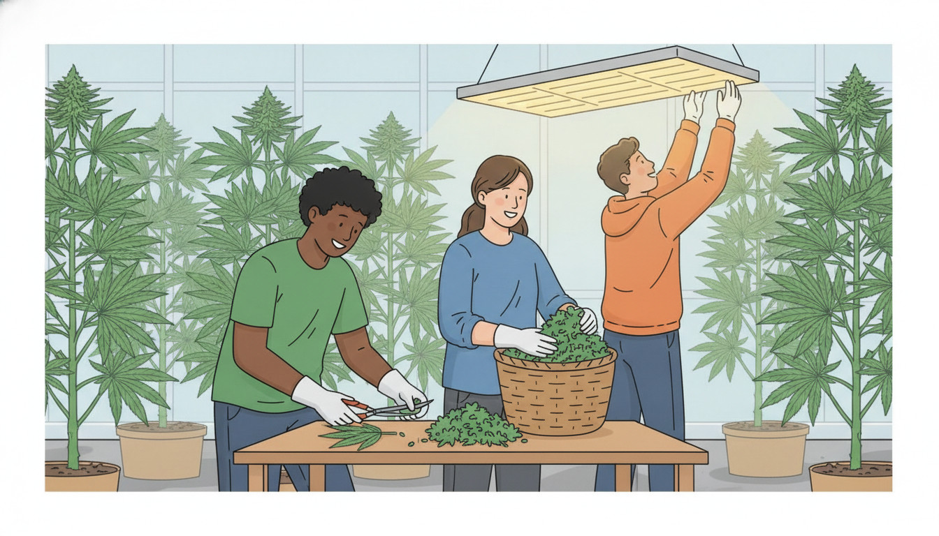 Cannabis workers collaborating in a cultivation room