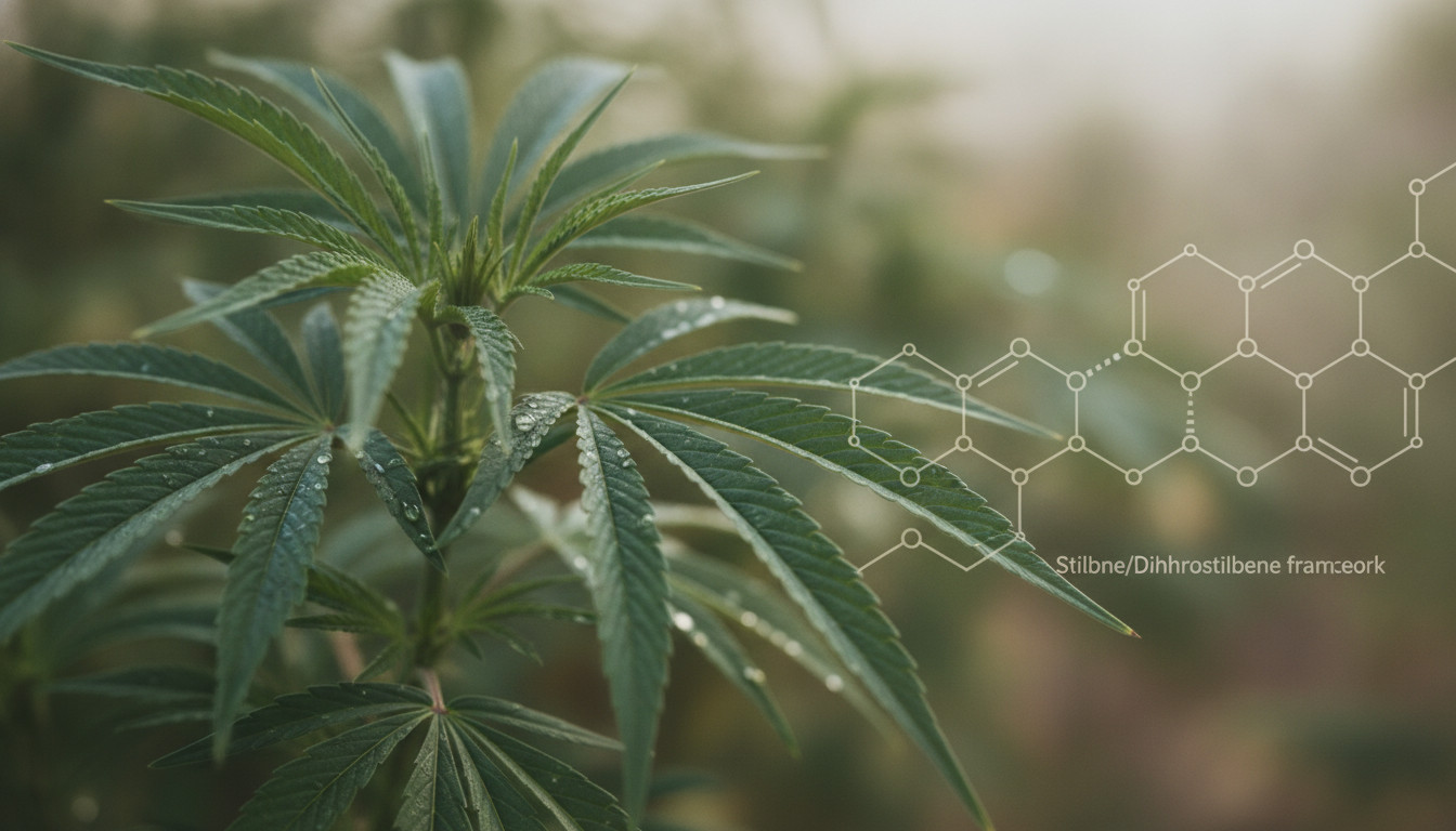 Green cannabis leaves with subtle stilbene molecular overlay