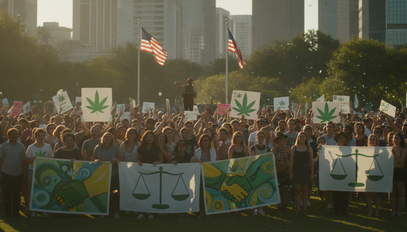 Diverse crowd at a daytime political rally advocating cannabis legalization, smiling supporters hold signs with green leaf and justice symbols, a speaker on stage, warm hopeful lighting