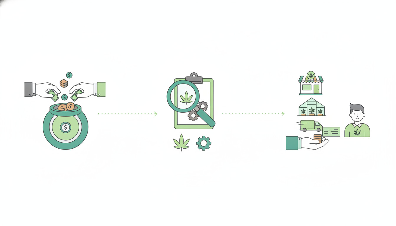 Illustration showing flow from investors providing capital to a cannabis lending fund assessing loans and then funding successful cannabis businesses