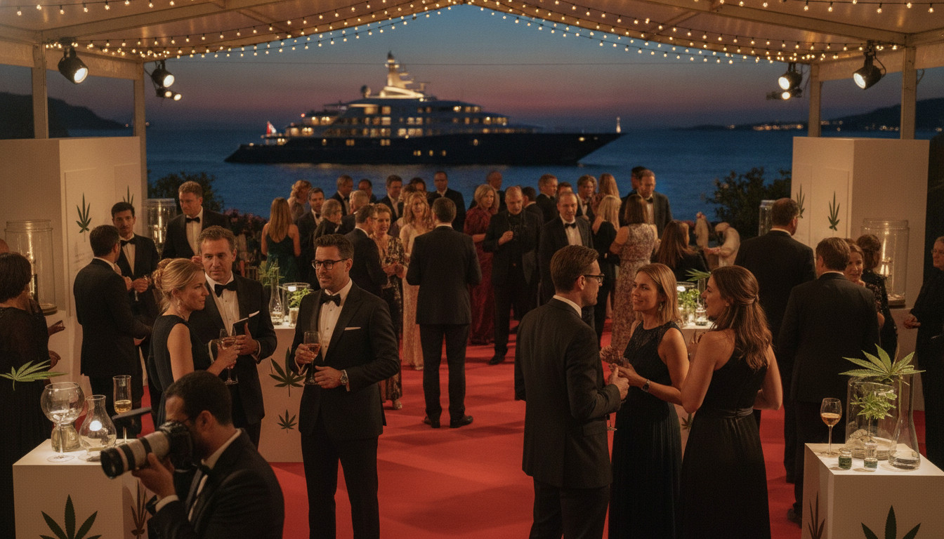 A cinematic evening scene on a Croisette-adjacent terrace with a moored megayacht at dusk, warm festival lighting, string lights, and a red carpet. Diverse attendees in elegant evening wear network and browse sleek exhibition booths with subtle botanical motifs. Photographers capture moments, and the atmosphere feels luxe, intimate, and lively.