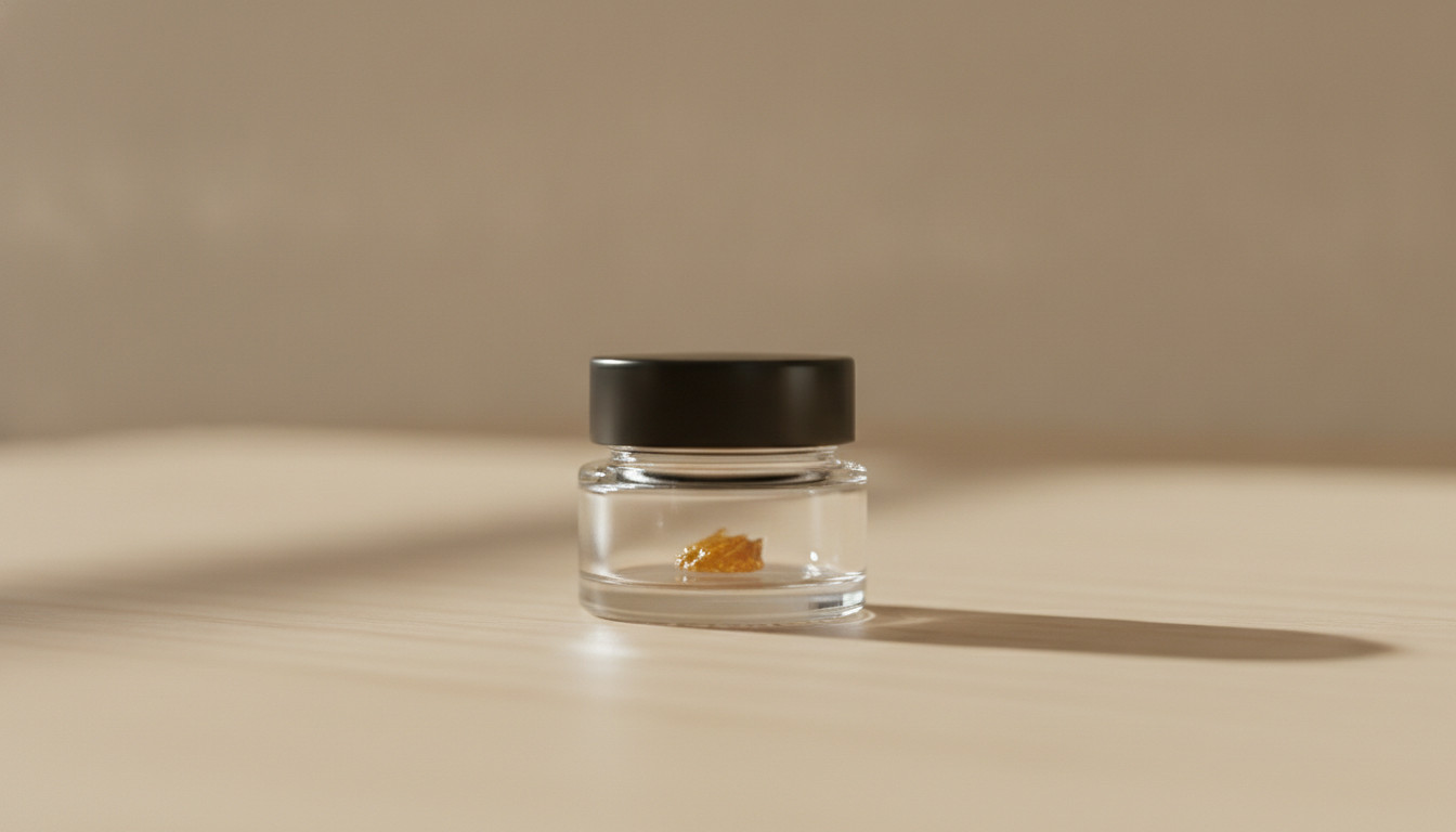 Premium clear glass concentrate jar on a light wood surface, photographed in soft natural daylight to emphasize transparency and quality.