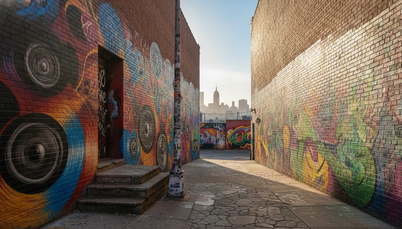 Vibrant Harlem alley with colorful murals on brick walls, music-themed graffiti, worn stoops and a distant skyline hinting at neighborhood energy