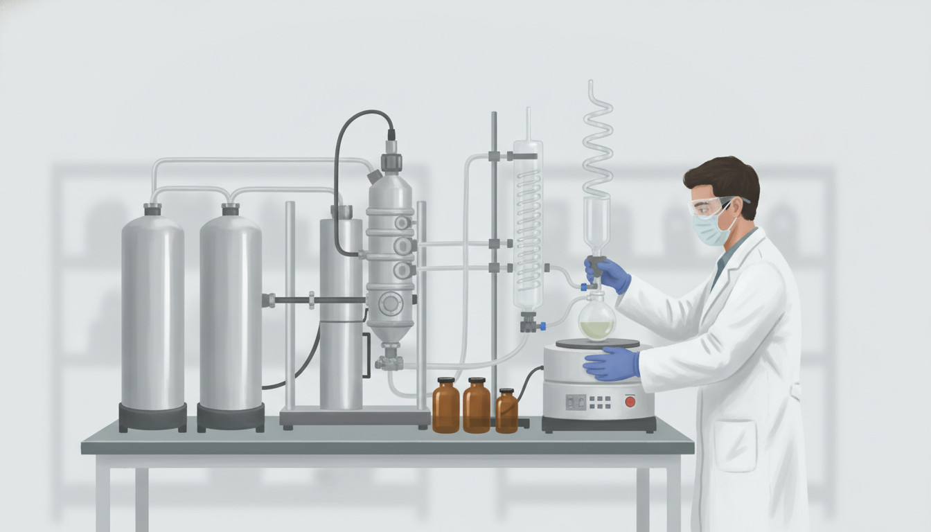 Researcher in a clean hemp extraction lab adjusting extraction equipment while surrounded by closed-loop stainless steel systems and glassware.