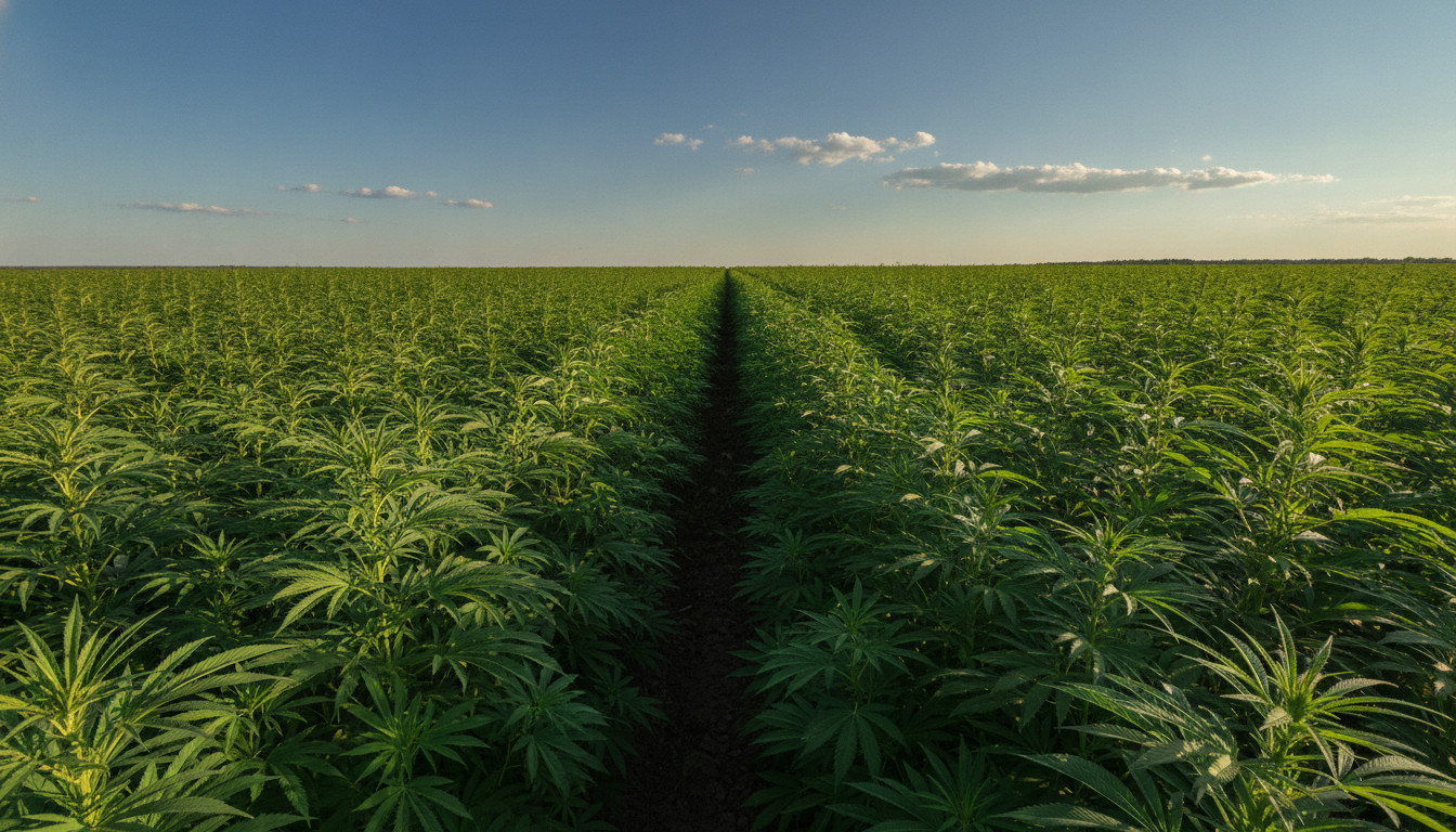 Hemp field under bright blue sky with sunlight illuminating plants