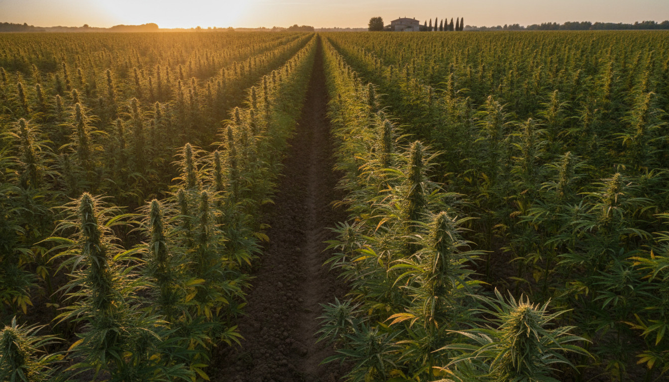 Hemp field in Italy at sunrise with golden light highlighting seed-bearing hemp stalks and a distant line of cypress trees to suggest location; simple, natural agricultural scene emphasizing cultivation and scale.