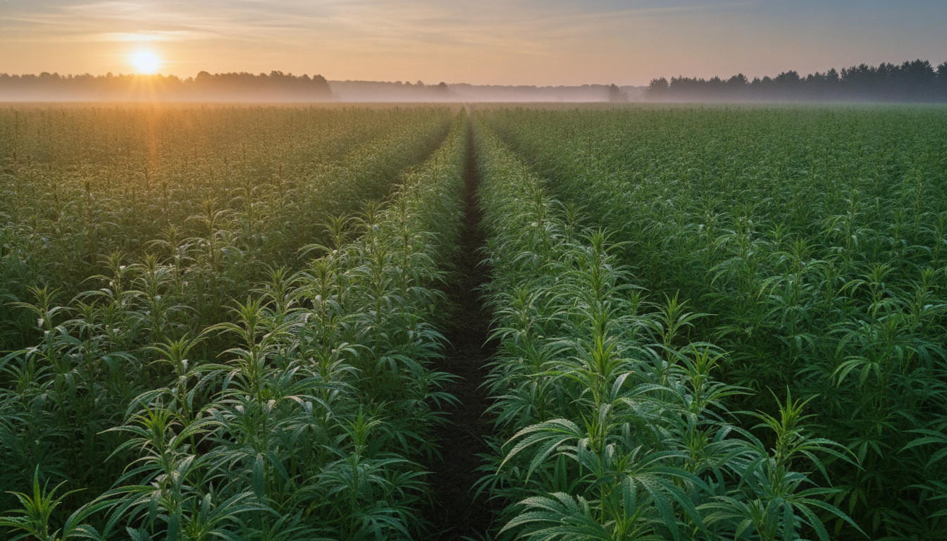 Hemp field at sunrise with golden light over rows of green hemp plants and morning mist.