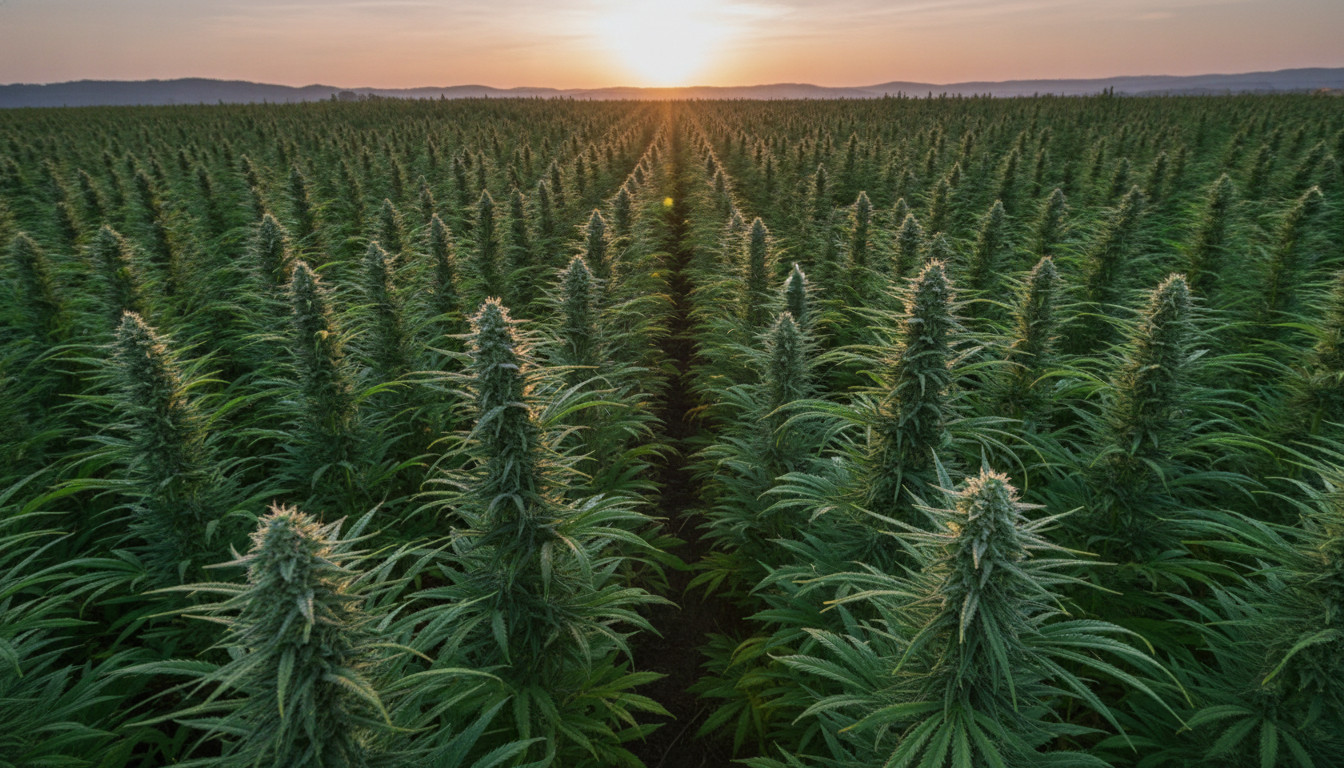 A warm sunrise over a healthy hemp field with cannabis plants gently swaying in the breeze, dewy leaves catching golden light.