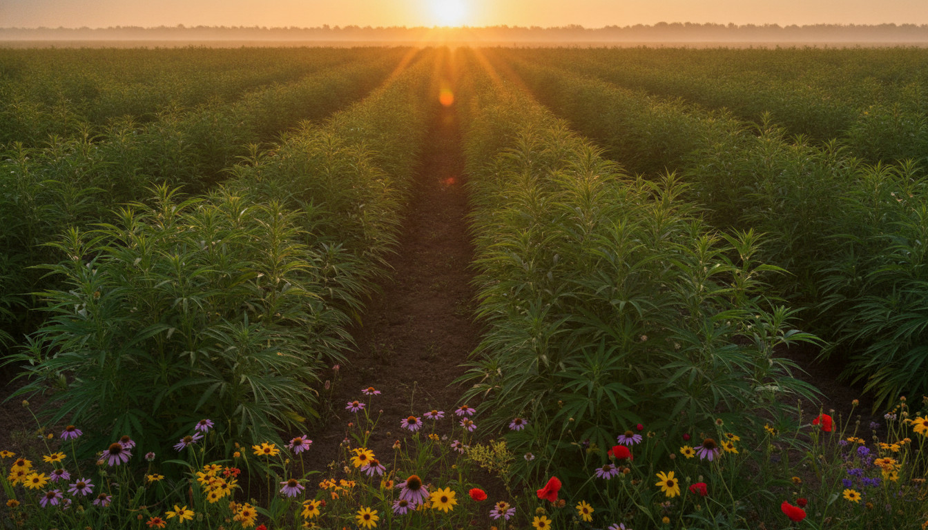 Warm hemp field at sunrise with golden light over rows of hemp plants and soft morning mist