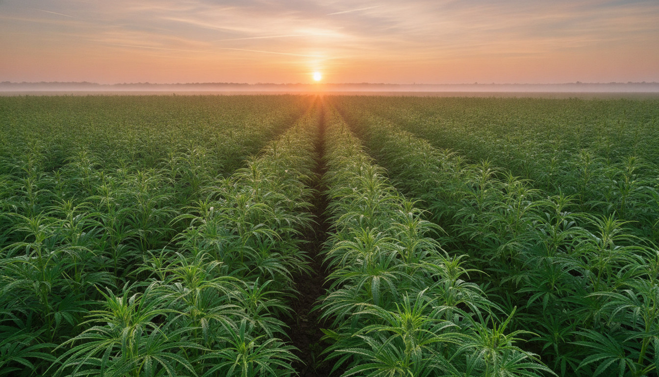 A peaceful hemp field at sunrise with warm golden light backlighting healthy hemp plants and dew, creating a calm, natural atmosphere.