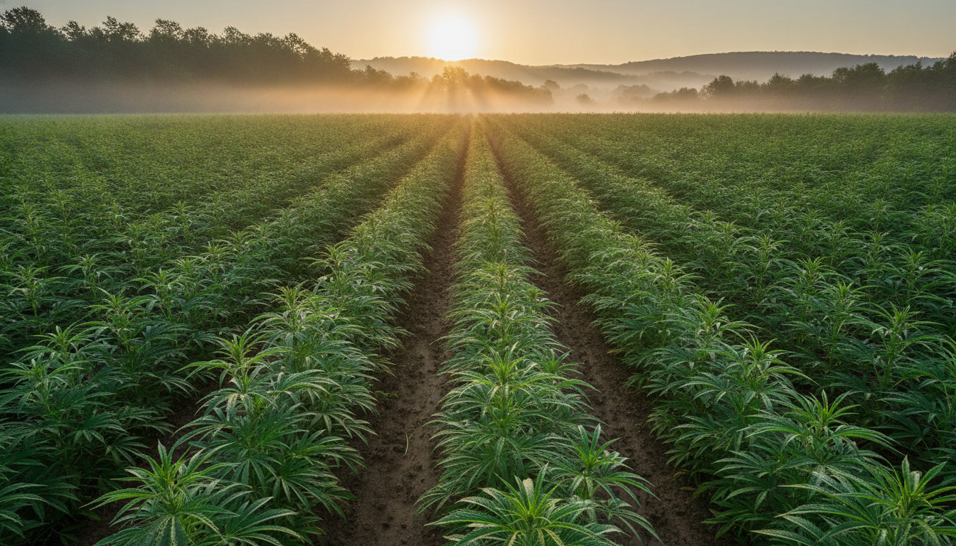 A wide view of a hemp field at sunrise with golden light, morning mist, dew on leaves, and a calm eco friendly atmosphere