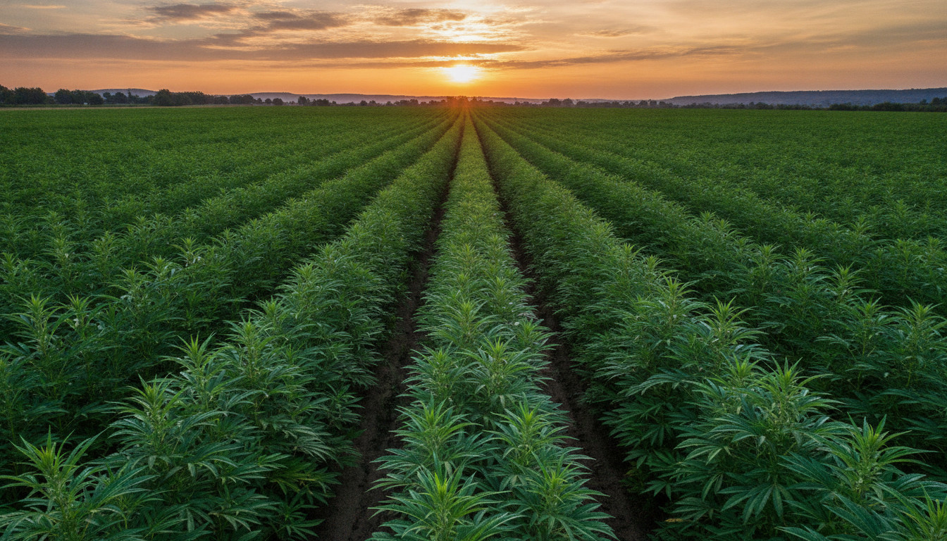 A broad hemp field under a warm sunrise sky, with long rows of healthy hemp plants stretching toward a soft orange and pink horizon, conveying calm growth and natural stewardship.