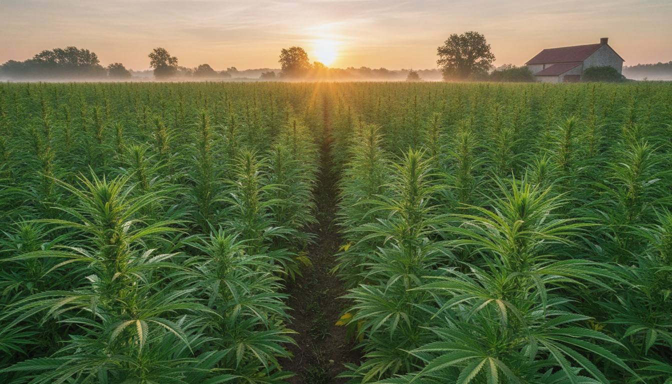 Hemp field at sunrise with soft golden light and morning mist