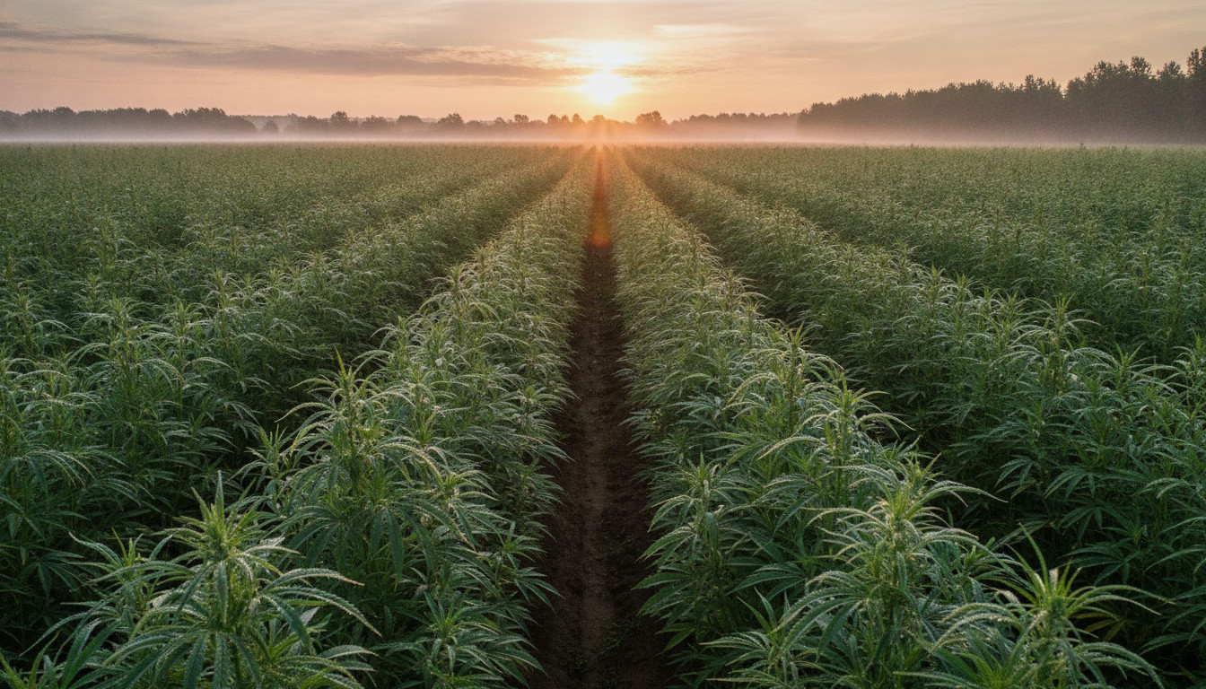 A sunlit hemp field at sunrise with rows of tall hemp plants, soft morning mist, and warm golden-pastel sky symbolizing hope and renewal.