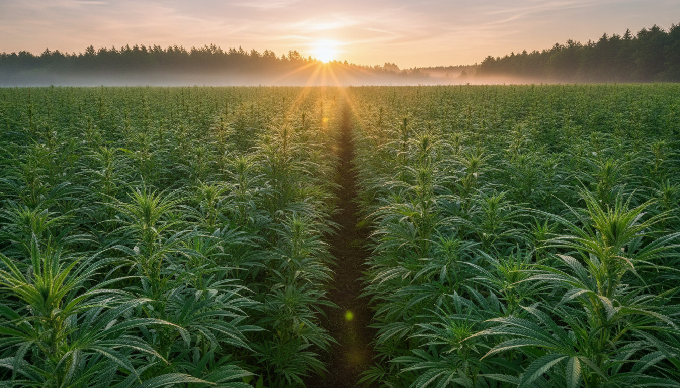 Hemp field at sunrise, golden light illuminating tall hemp plants and morning mist
