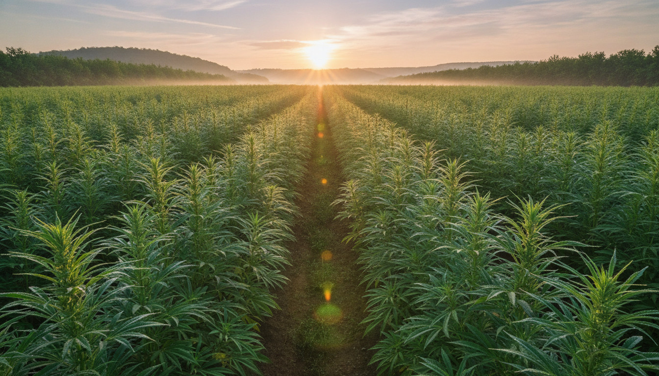 Hemp field at sunrise with golden light and morning mist, rows of hemp plants and rolling hills.