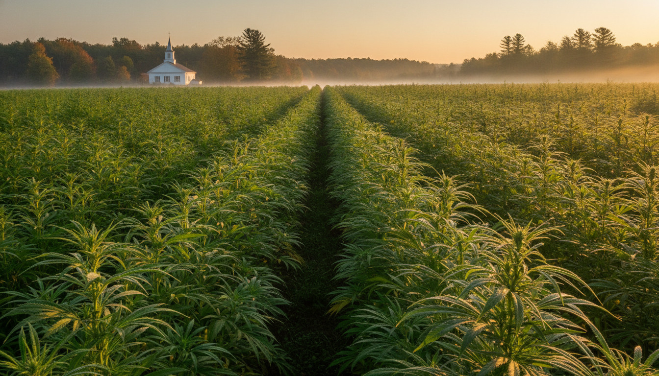 A vibrant hemp field at sunrise with neat rows of tall hemp plants glowing in golden light, morning mist lifting, and a small white New England municipal building silhouette on the horizon to symbolize growth and governance in the Massachusetts cannabis industry.