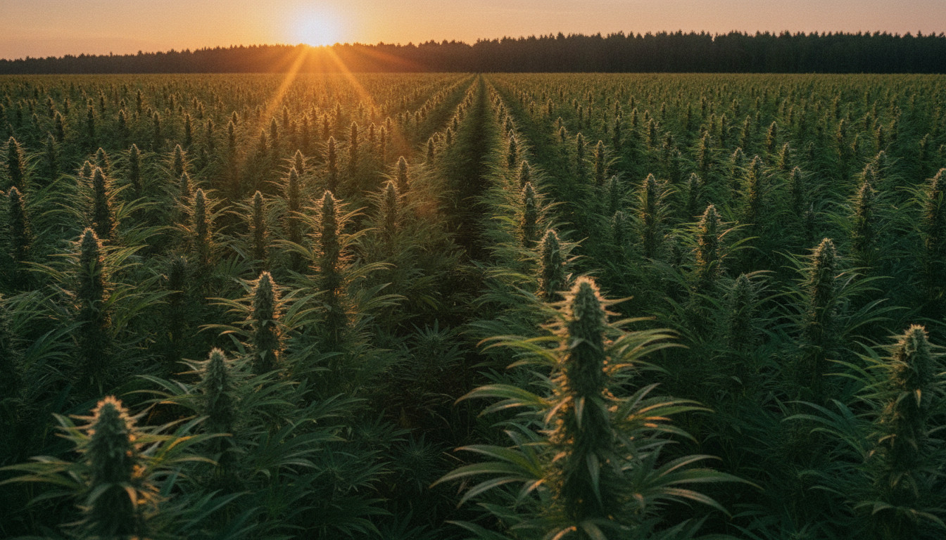 Serene hemp field at sunset with golden light on rows of hemp plants and a warm orange purple sky