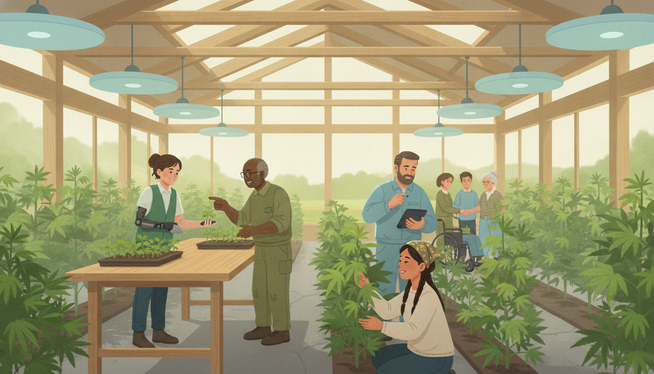 Diverse team collaborating in a bright indoor hemp cultivation facility, symbolizing employee ownership and an ESOP independent buyout