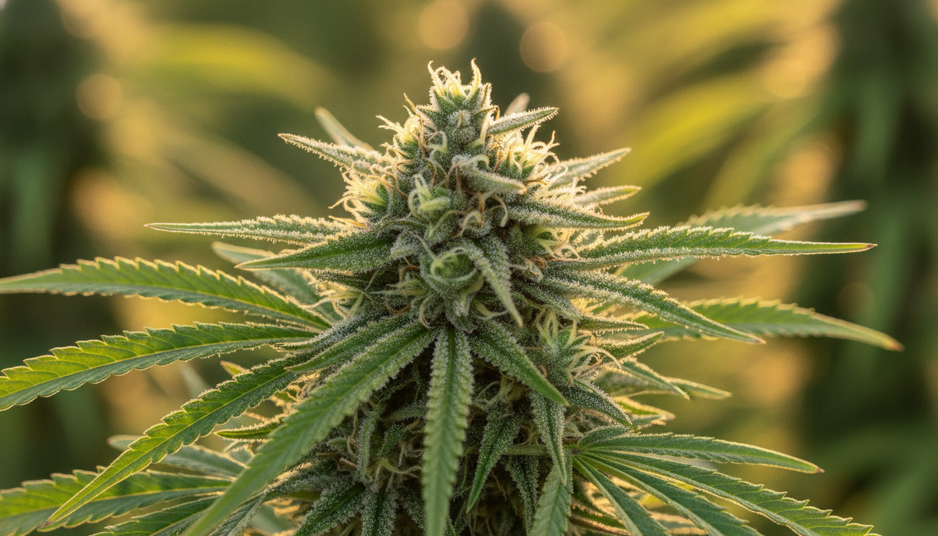 Close-up hemp plant in sunlight showing vibrant green leaves and resin-coated trichomes