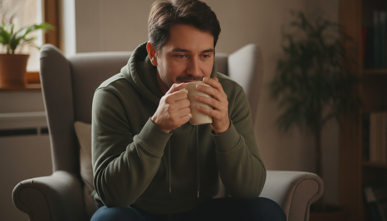 person appearing sober hiding cannabis high with red eyes and a cup.