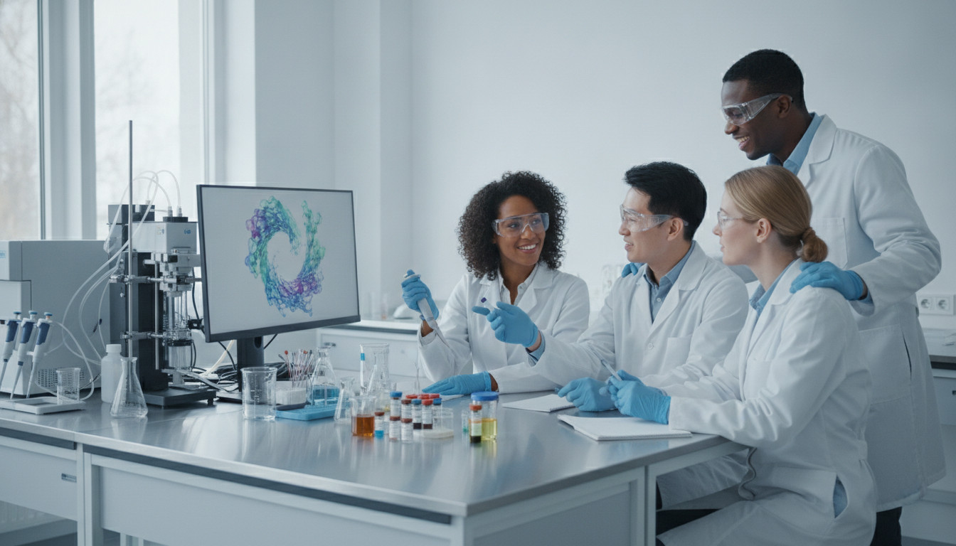 Pharmaceutical research team collaborating in a bright modern laboratory, analyzing data on a monitor and discussing results to illustrate innovation behind breakthrough therapies like VER-01.